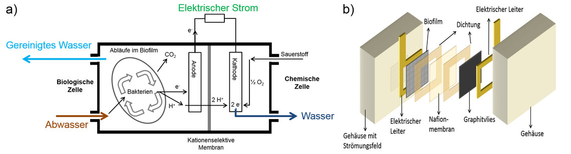 Links: Schema einer Mikrobiellen Brennstoffzelle zur Herstellung elektrischer Energie und Wasser; rechts, Aufbau einer Brennstoffzelle am Lehrstuhl Bioprozesstechnik